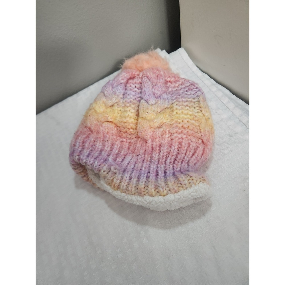 Kids Sunset Ombre Cable Knit Beanie Faux Fur Pom Sherpa Lined Hat Orange Pink